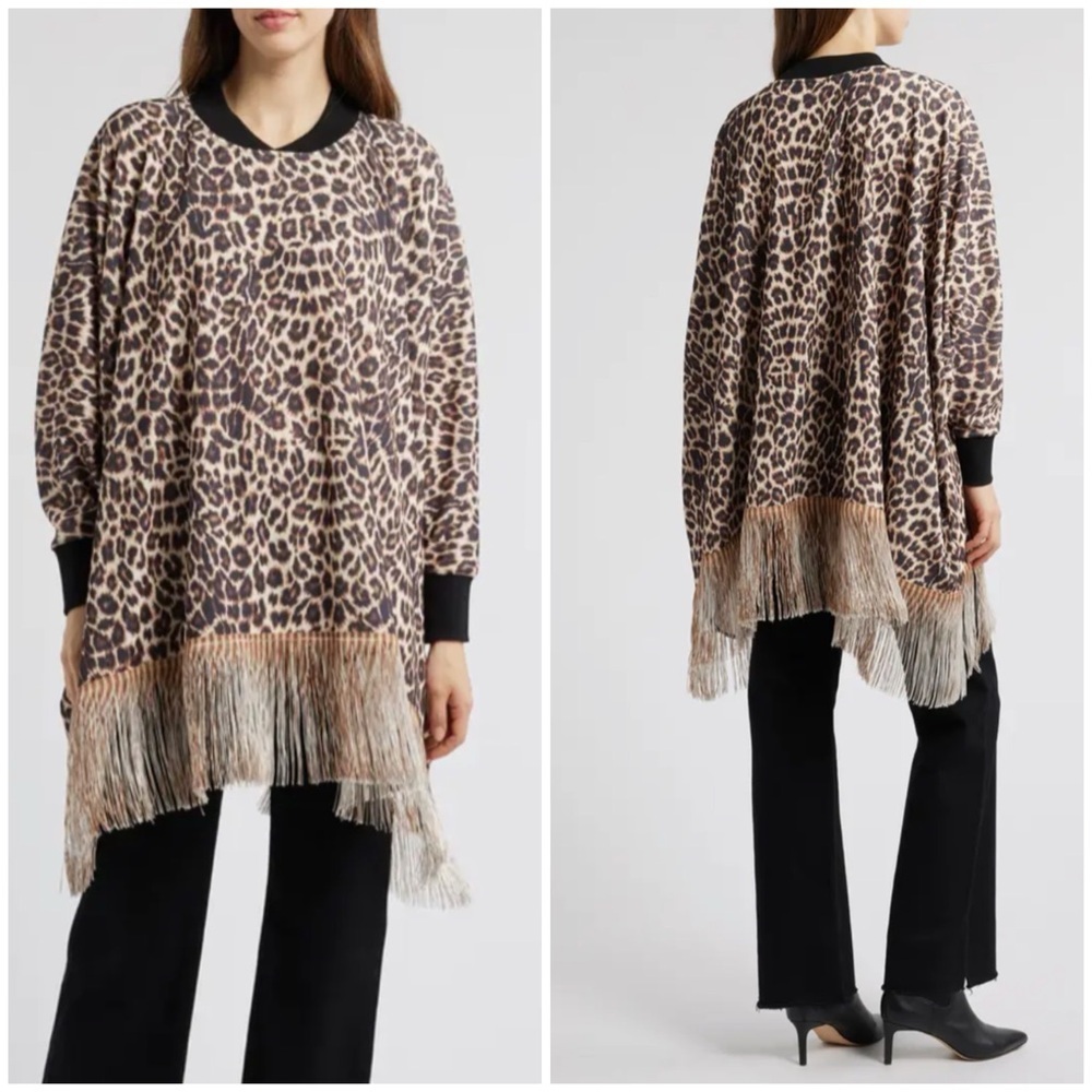 New Nikki Lund Leisa Faux Leopard Poncho Fringe Baggy